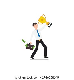 Cartoon character illustration of successful young business man with gold trophy and briefcase full of money. Flat design isolated on white.