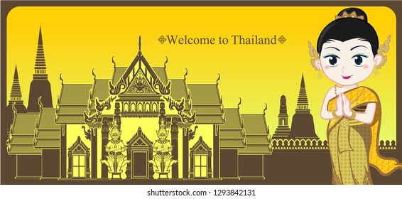 Cartoon character illustration of 
Thai girl wearing Yellow retro culture costume 
standing front the thailand gold temple 
with two giant in the yellow backgroud