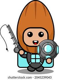 cartoon character illustration vector cute almond mascot costume wearing diving equipment and holding a fishing rod