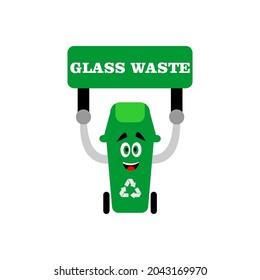 ilustración de caricatura diseño vectorial, lata de basura, color verde, sosteniendo una tabla de desperdicios de vidrio