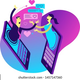Cartoon character illustration for web design, presentation, infographic, landing page: IT, Internet, online dating, virtual love, Virtual life, social networks, communication.