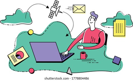Ilustración de caricatura para diseño web, presentación, infografía, página de inicio: El hombre utiliza el servicio en la nube. El empleado se sienta en la computadora de la oficina.