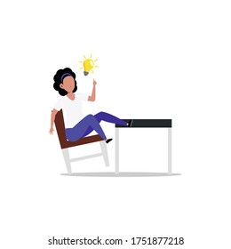 Cartoon character illustration of woman. Flat design of young woman getting new creative idea light bulb when sitting on the chair isolated white. Can be used for web design, mobile app.