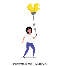 Cartoon character illustration of woman thought. Flat design of young woman holding light bulbs balloon isolated on white background. Can be used for websites, web design, mobile app.