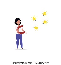 Cartoon character illustration of woman thought. Flat design of young woman attracting new creative idea light bulb with magnet isolated on white background.