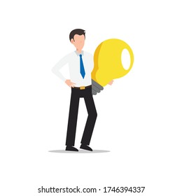 Cartoon character illustration of young business man holding light bulb. Concept of search new ideas solutions, imagination, creative innovation idea, brainstorming. Flat design isolated on white.