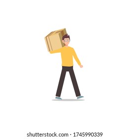 Cartoon character illustration of young man courier delivery walking carry the box. Flat design isolated on white background.