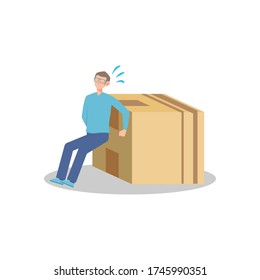 Cartoon Character Illustration Of Young Man Courier Delivery Pushing The Big Box. Flat Design Isolated On White Background.