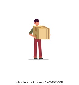 Cartoon character illustration of young man courier delivery standing carry the box. Flat design isolated on white background.