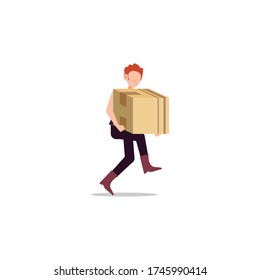 Cartoon character illustration of young man courier delivery running carry the box. Flat design isolated on white background.