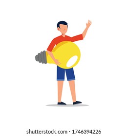 Cartoon character illustration of young man holding light bulb. Concept of search new ideas solutions, imagination, creative innovation idea, brainstorming. Flat design isolated on white background.