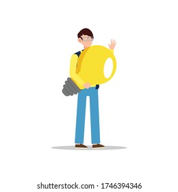 Cartoon character illustration of young man holding light bulb. Concept of search new ideas solutions, imagination, creative innovation idea, brainstorming. Flat design isolated on white background.