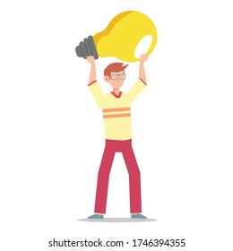Cartoon character illustration of young man holding light bulb. Concept of search new ideas solutions, imagination, creative innovation idea, brainstorming. Flat design isolated on white background.
