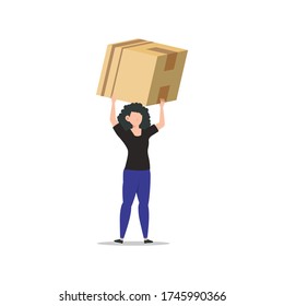 Cartoon character illustration of young woman courier delivery standing carry the big box. Flat design isolated on white background.