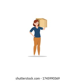 Cartoon character illustration of young woman courier delivery standing carry the box. Flat design isolated on white background.