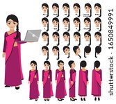 Cartoon character with Indian business woman in sari dress for animation. Front, side, back, 3-4 view character. Separate parts of body. Flat vector illustration.