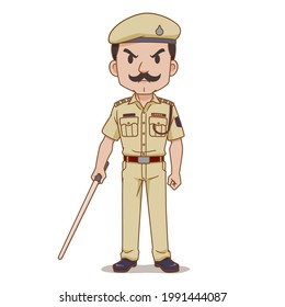 Cartoon character of Indian police holding baton.