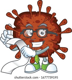 cartoon character of infection coronavirus holding menu on his hand