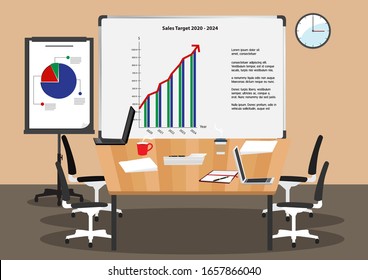 Cartoon character with infographic presentation in the conference room or meeting room in the office. Flat icon vector