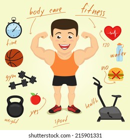 cartoon character with infographics elements. fitness sport and health concept illustration