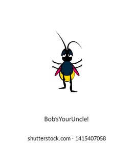 Cartoon character of insect. Funny cute little bug or cricket is standing and raised the paws to the sides. Vector. Conceptual. Voila!