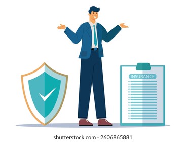 Cartoon character of Insurance broker with shield and insurance isolated on white background
