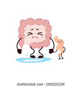 Cartoon character intestines. Cute man internal organ is ill, weeping and near appendicitis, caricature, animation. Vector illustration