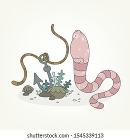 Cartoon character of a invertebrate creature. Funny cute worm posing next to a sunken fishing hook. Vector illustration