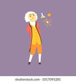 Cartoon Character Of Isaac Newton - Famous Physicist And Mathematician In The History. Scientist In Colonial Wig, Coat, Pants And Shirt. Flat Vector Illustration