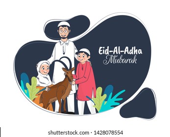 Cartoon character of Islamic family with goat on abstract blue background for Eid-Al-Adha Mubarak poster or flyer design. Can be Used for card design.