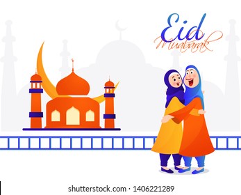 Cartoon character of Islamic women hugging each other in Eid Mubarak Festival celebration. Poster or banner design.