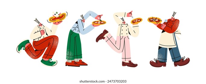 Personaje de dibujos animados chef italiano hombre pizza que prepara la pizza. Mascota pizzaiolo pizzaiolo con pizza en las manos en el horno. Ilustración del doodle de un mesero masculino del panadero en estilo retro de los años 90