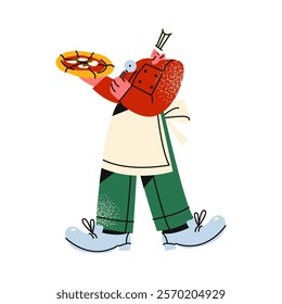 Cartoon character Italian chef pizza man preparing pizza. Mascot pizza maker pizzaiolo with pizza in his hands at the oven. Doodle illustration of a baker male waiter in retro 90s style