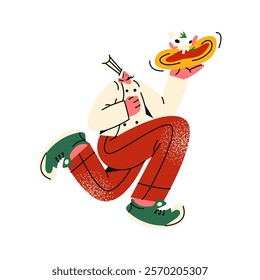 Cartoon character Italian chef pizza man preparing pizza. Mascot pizza maker pizzaiolo with pizza in his hands at the oven. Doodle illustration of a baker male waiter in retro 90s style