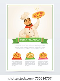 Cartoon character of italian pizzaiolo holding hot pizza