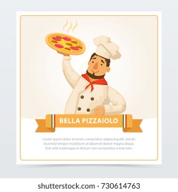 Cartoon character of italian pizzaiolo holding hot pizza