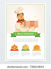 Cartoon character of italian pizzaiolo holding pizza boxes