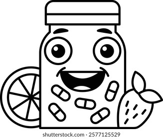 A cartoon character with a jar and a strawberry on it