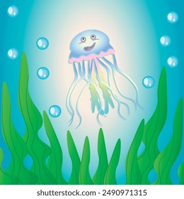 Cartoon character jellyfish swimming in the sea among seaweeds and bubbles, sea party, children's holiday 