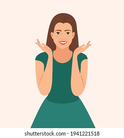 Cartoon character Joyful smiling Woman Holds her Cheeks By Hand. girl`s hands under cheeks. Happy pretty girl rises up her both hands and opens them under her cheeks. isolated vector illustration