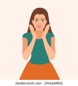 Cartoon character Joyful smiling Woman Holds her Cheeks By Hand. girl`s hands under cheeks. Happy pretty girl rises up her both hands and opens them under her cheeks. isolated vector illustration