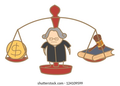 cartoon character of judge making decision money and law