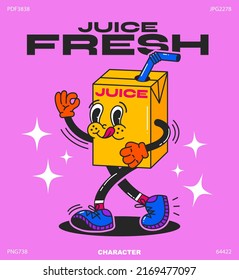 Cartoon character juice. Drink in retro style, funny bright doodle style character in a cardboard package with a straw.Vector illustration with typography elements