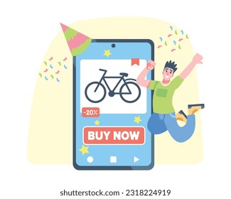 Cartoon character jumping and happy to buy new bike. Process of buying birthday gifts via Internet. Special offers and discounts. Vector flat illustration in blue and green colors