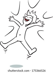 Cartoon character jumps and shouts for joy