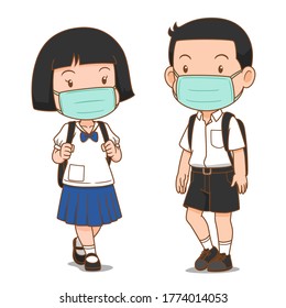 Cartoon Character Of Junior High School Student Boy And Girl Wearing Hygienic Mask.	