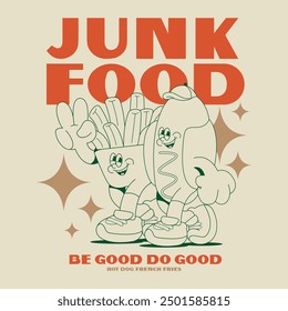 Cartoon character junk food, burger, frenc fries, hotdog 