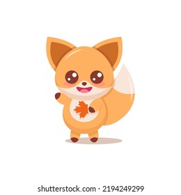 Cartoon Character Kawaii Fox With Maple Leaf
