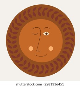 Cartoon character, kid unusual appearance. Social network message, cheerful abstract face with leaves. Funny mascot, flat design, drawing emotion. Isolated on white
