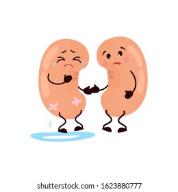 Cartoon character of a kidney. Cute man internal organ is sick, crying, caricature, animation. Vector illustration